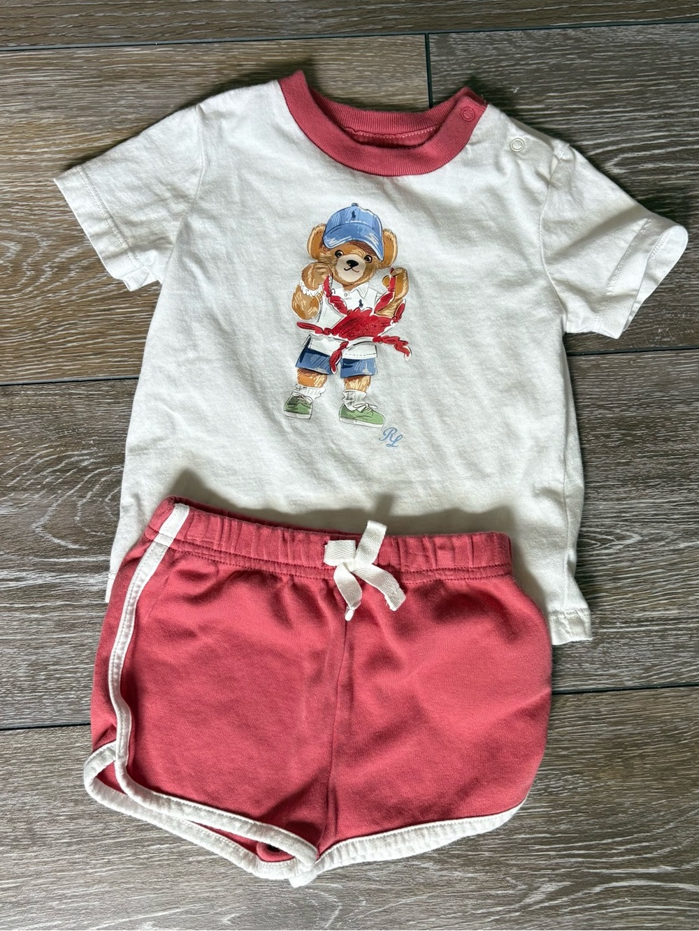 Polo by Ralph Lauren White Tee with Red Trim & Red Shorts Kids Matching Set